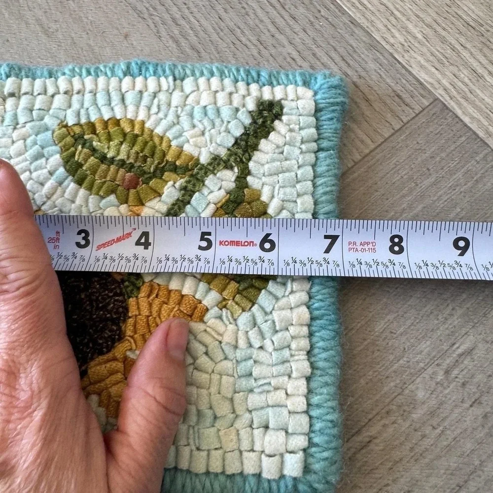 Handmade Wool Rug Hook Sunflower Mat 7x7 Square‎ Folk Art Floral Decor